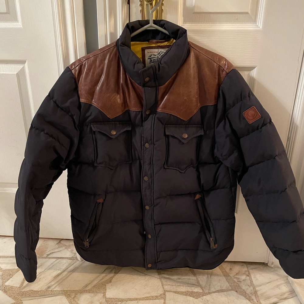 Penfield Navy Blue & Brown Leather Yoke Puffer Jacket